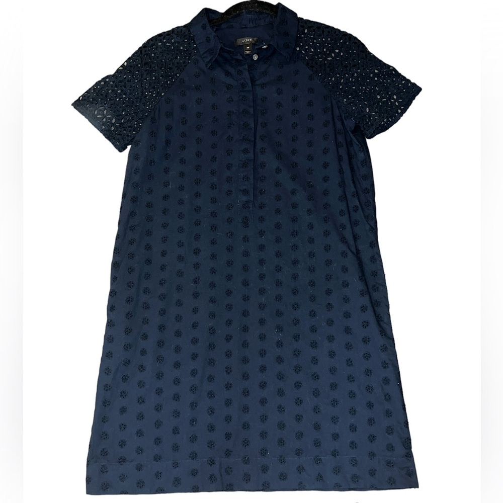 J. Crew Cotton Eyelet Dress w/Collar and Hidden Button Placket Size 4P Navy - Picture 3 of 14
